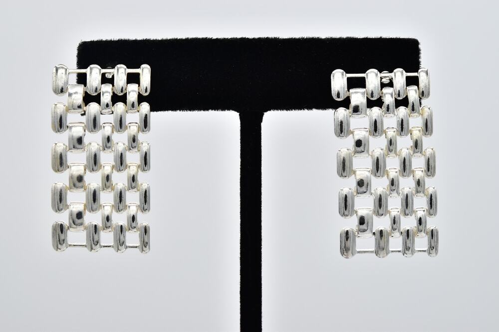 Vintage NOS Silver Tone Band Link Rectangle Chain Dangle Earrings 1980s 90s NS11